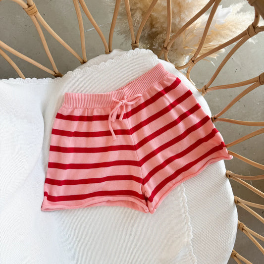 Ladies Knit Stripe Shorts - Red + Pink